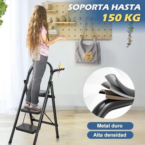 DASHLINE Folding 3-Step Step Ladder, with Non-Slip Stool and Tool Holder, 150 KG Capacity, Black, Ideal for House, Kitchen, Home and Office