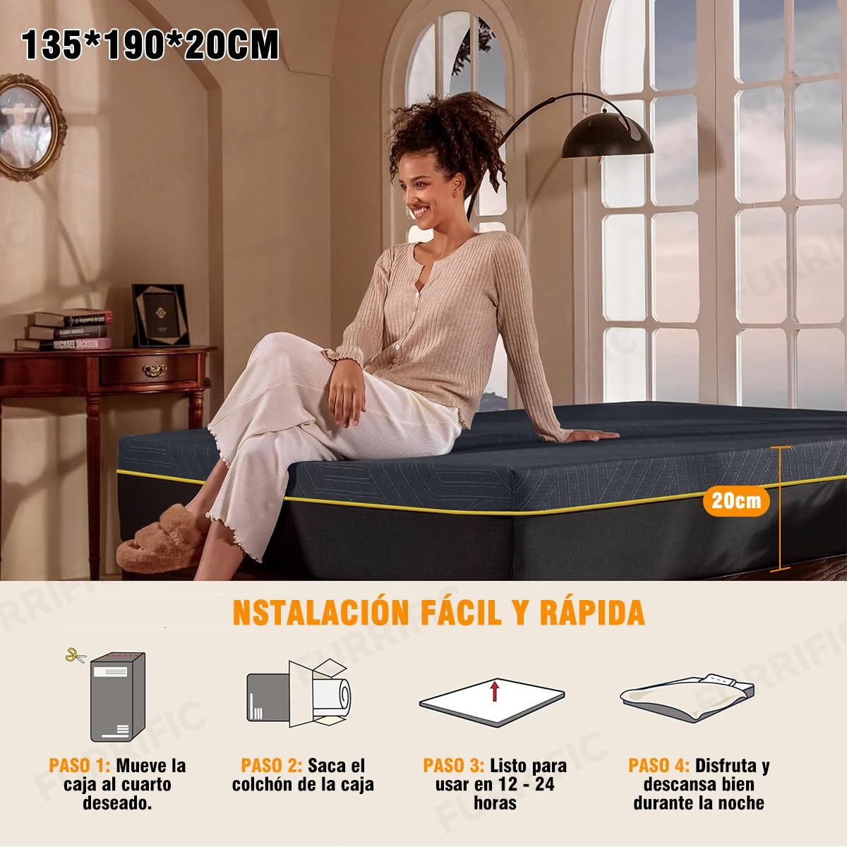 LOKOOY 20cm Memory Foam Double Mattress, Back Pain Mattress, Cooling Copper Gel Bed in a Box, Therapeutic Medium Firmness, Ergonomic Support, 135x190cm, Black