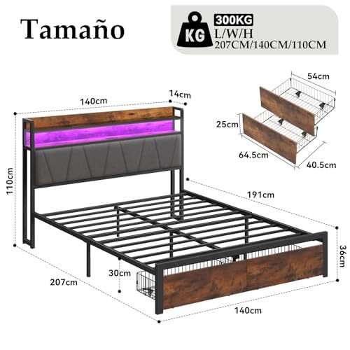 QYIKLPY Double Bed Base and Storage Headboard with Led Lights, 2 AC Outlets and 2 USB, with Two Removable Drawers and Headboard, Upholstered Platform, Non-Slip, No Noise (Double/Full)
