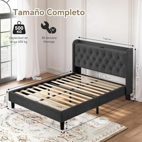 QYIKLPY Double Bed Base with Storage Headboard, Upholstered Bed Base with Charging Station (USB/Type-C), Thickened and Wear-Resistant Fabric, Adjustable Height, 0-35cm Mattress