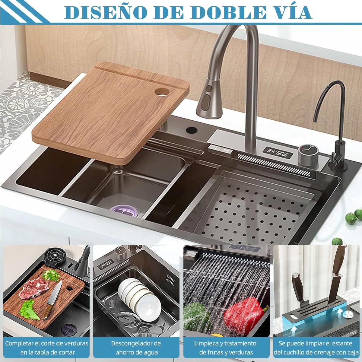 SAFONUS Kitchen Sink with Smart Digital Display, Double Waterfall and 10 Accessories, 304 Stainless Steel Kitchen Sinks, Black Kitchen Sink (80X46cm)