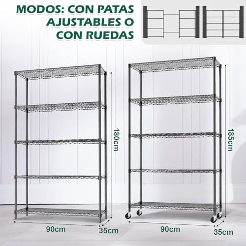 5 Tier Metal Storage Rack (90x35x150CM), Heavy Duty Organizer Shelf, Adjustable Organizer Rack, Shelf, 4 S-Hooks, 5 PP Board, Kitchen, Office, Pantry, Microwave