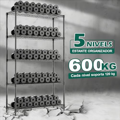 5 Tier Metal Storage Rack (90x35x150CM), Heavy Duty Organizer Shelf, Adjustable Organizer Rack, Shelf, 4 S-Hooks, 5 PP Board, Kitchen, Office, Pantry, Microwave