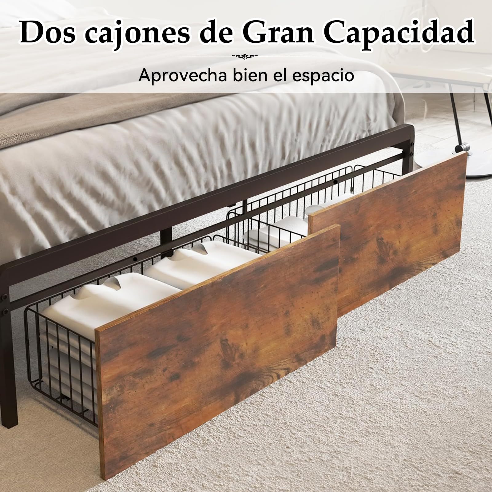 QYIKLPY Double Bed Base and Storage Headboard with Led Lights, 2 AC Outlets and 2 USB, with Two Removable Drawers and Headboard, Upholstered Platform, Non-Slip, No Noise (Double/Full)