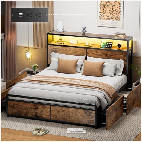 Bed Frame with 4 Drawers, Double Bed Base Headboard with Led Lights, Bed Base with Headboard USB Charging Station and Storage Space, Double Bed Bed Frame Easy Assembly