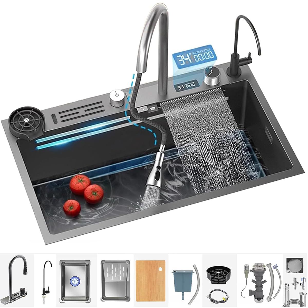 SAFONUS Kitchen Sink with Smart Digital Display, Double Waterfall and 10 Accessories, 304 Stainless Steel Kitchen Sinks, Black Kitchen Sink (80X46cm)