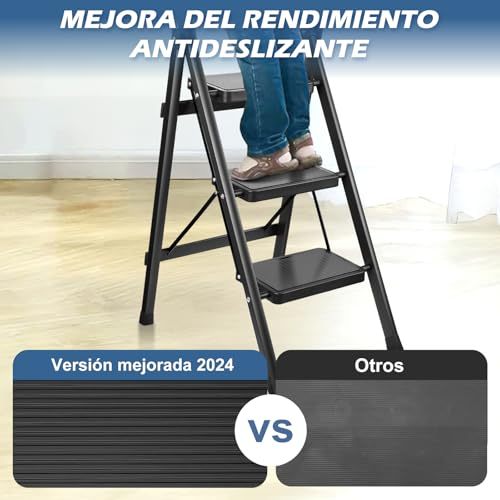 DASHLINE Folding 3-Step Step Ladder, with Non-Slip Stool and Tool Holder, 150 KG Capacity, Black, Ideal for House, Kitchen, Home and Office