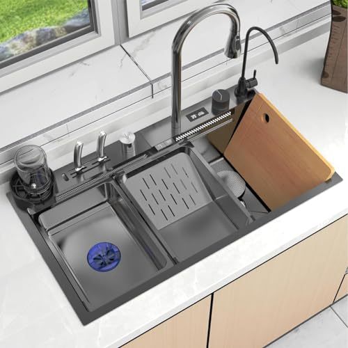 SAFONUS Kitchen Sink with Smart Digital Display, Double Waterfall and 10 Accessories, 304 Stainless Steel Kitchen Sinks, Black Kitchen Sink (80X46cm)