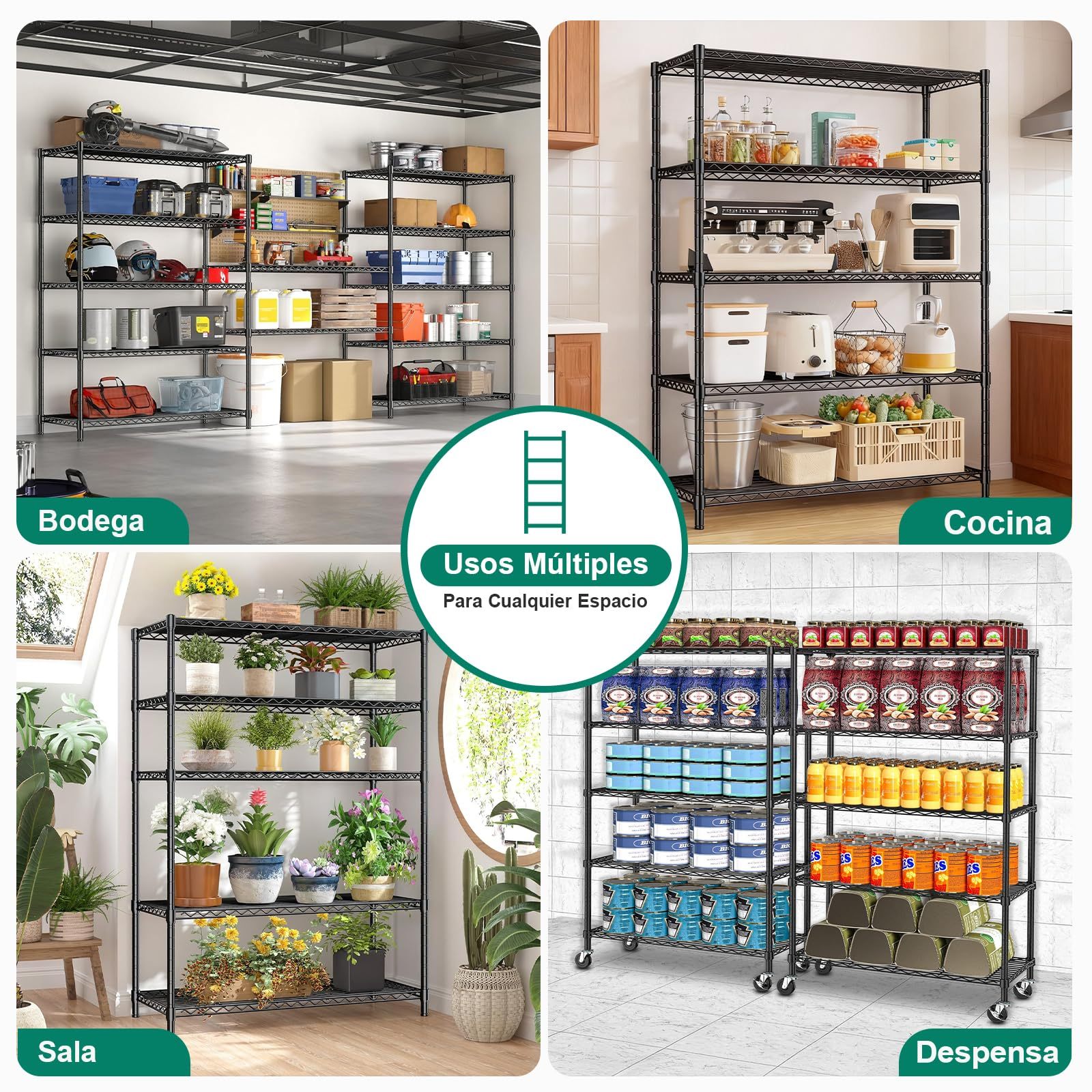 5 Tier Metal Storage Rack (90x35x150CM), Heavy Duty Organizer Shelf, Adjustable Organizer Rack, Shelf, 4 S-Hooks, 5 PP Board, Kitchen, Office, Pantry, Microwave