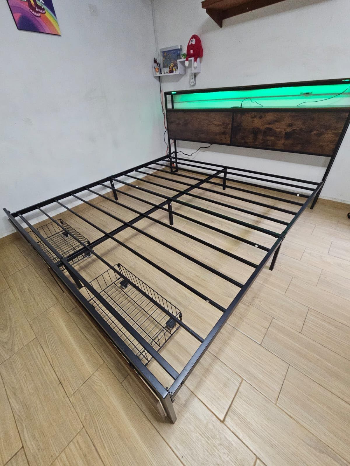 WELIKERA Bed Frame with 2 Drawers, King Bed Headboard Base with Led Lights, Bed Base with Headboard USB Charging Station and Storage Space, King Bed Bed Frame Easy Assembly