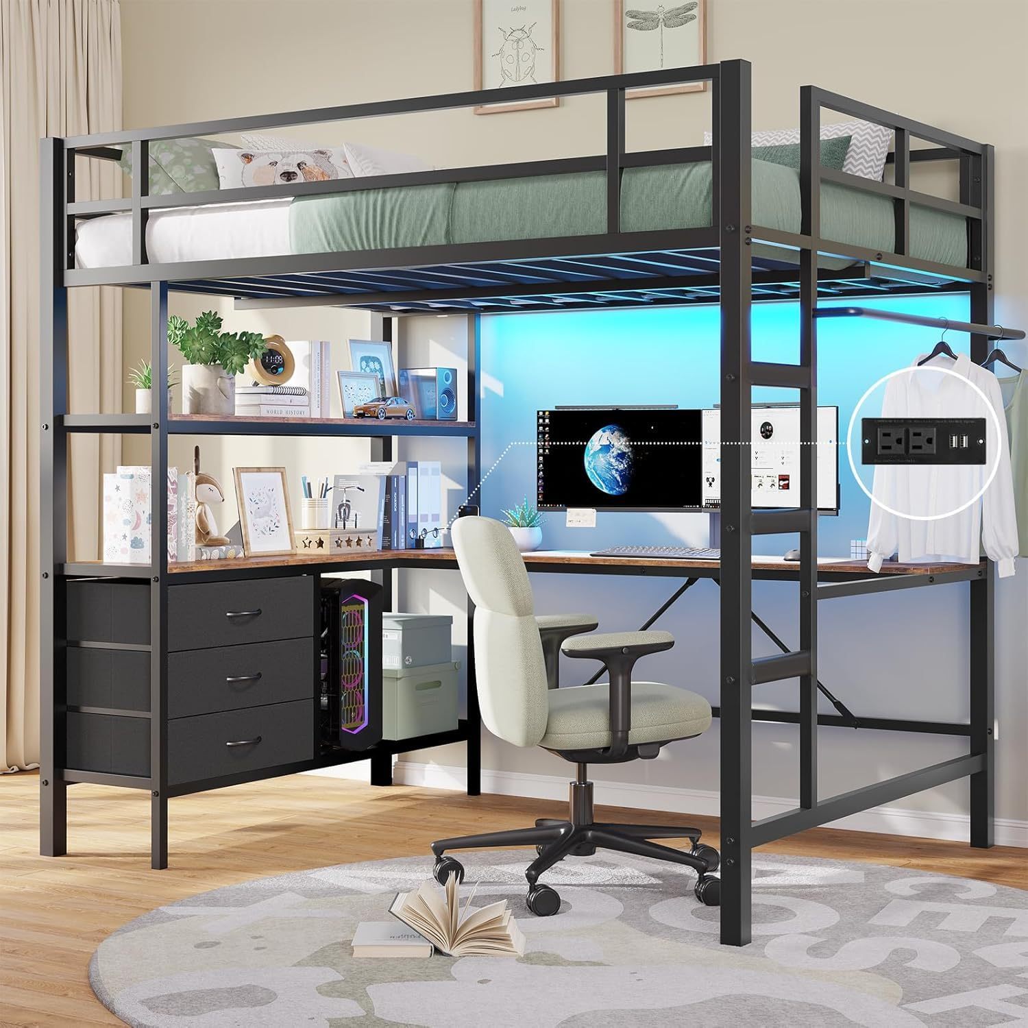 Single Loft Bunk Bed with L-Desk and USB Charging, Loft Bed with RGB LED Lights, 3 Shelves and 3 Fabric Drawers, Sturdy Metal Frame, Bunk Bed with Storage for Kids and Teens