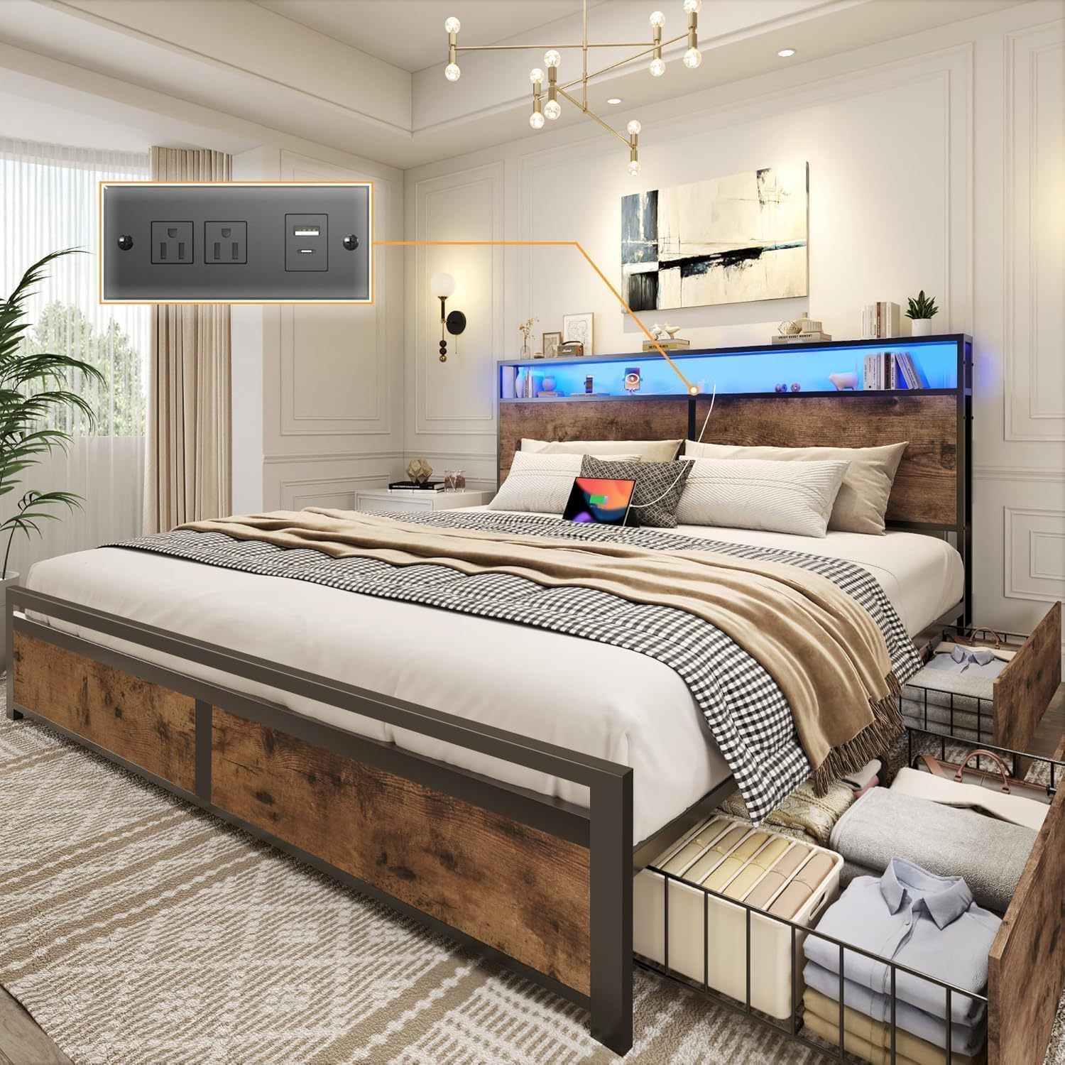 Bed Frame with 4 Drawers, Double Bed Base Headboard with Led Lights, Bed Base with Headboard USB Charging Station and Storage Space, Double Bed Bed Frame Easy Assembly