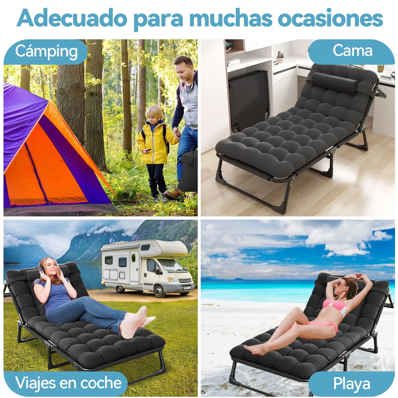KACOTA Folding Outdoor Cot, Portable Camping Bed for Sleeping Adults, 4 Adjustable Positions, with Mattress and Pillows, Single Portable Bed for Office, Home and House Nap