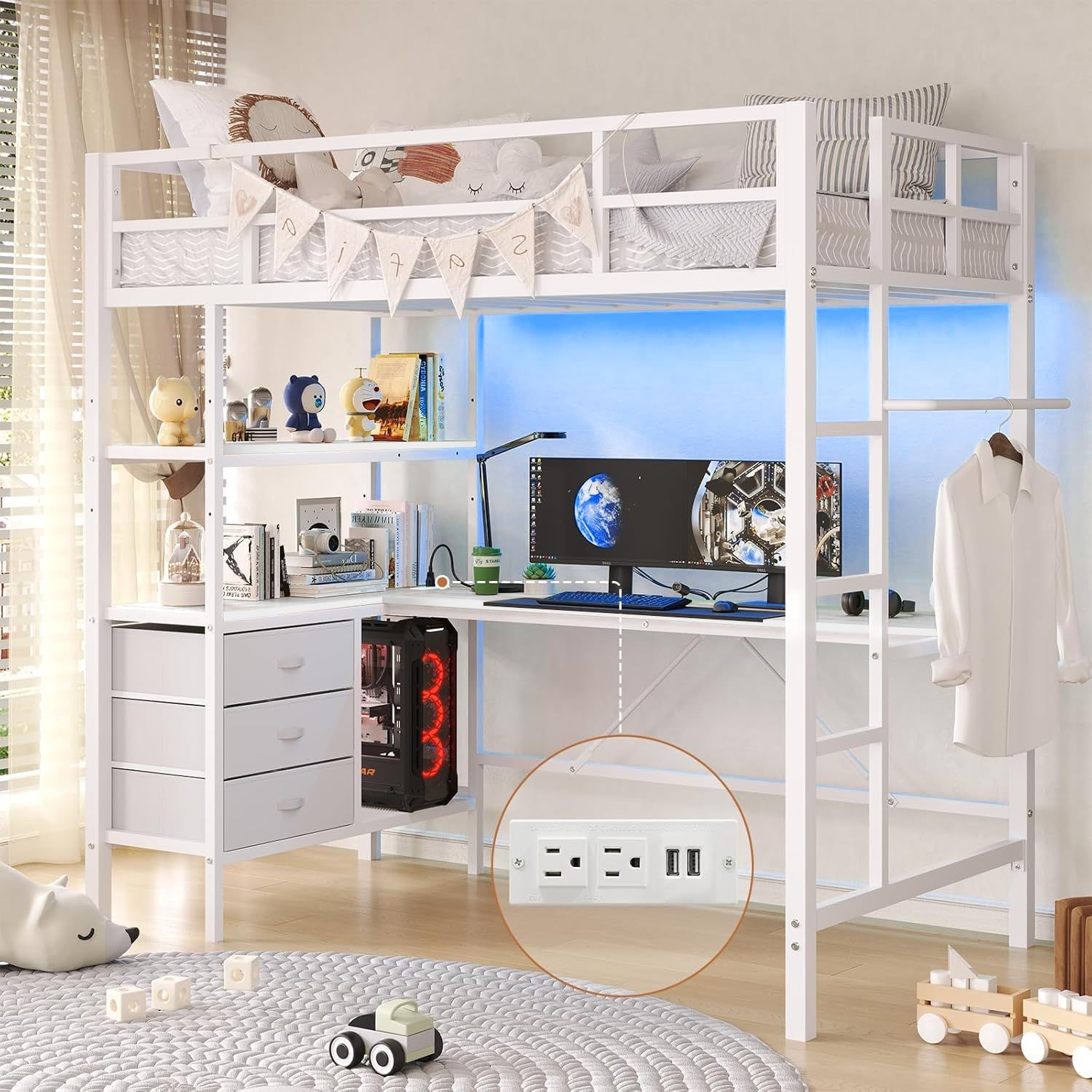 Single Loft Bunk Bed with L-Desk and USB Charging, Loft Bed with RGB LED Lights, 3 Shelves and 3 Fabric Drawers, Sturdy Metal Frame, Bunk Bed with Storage for Kids and Teens