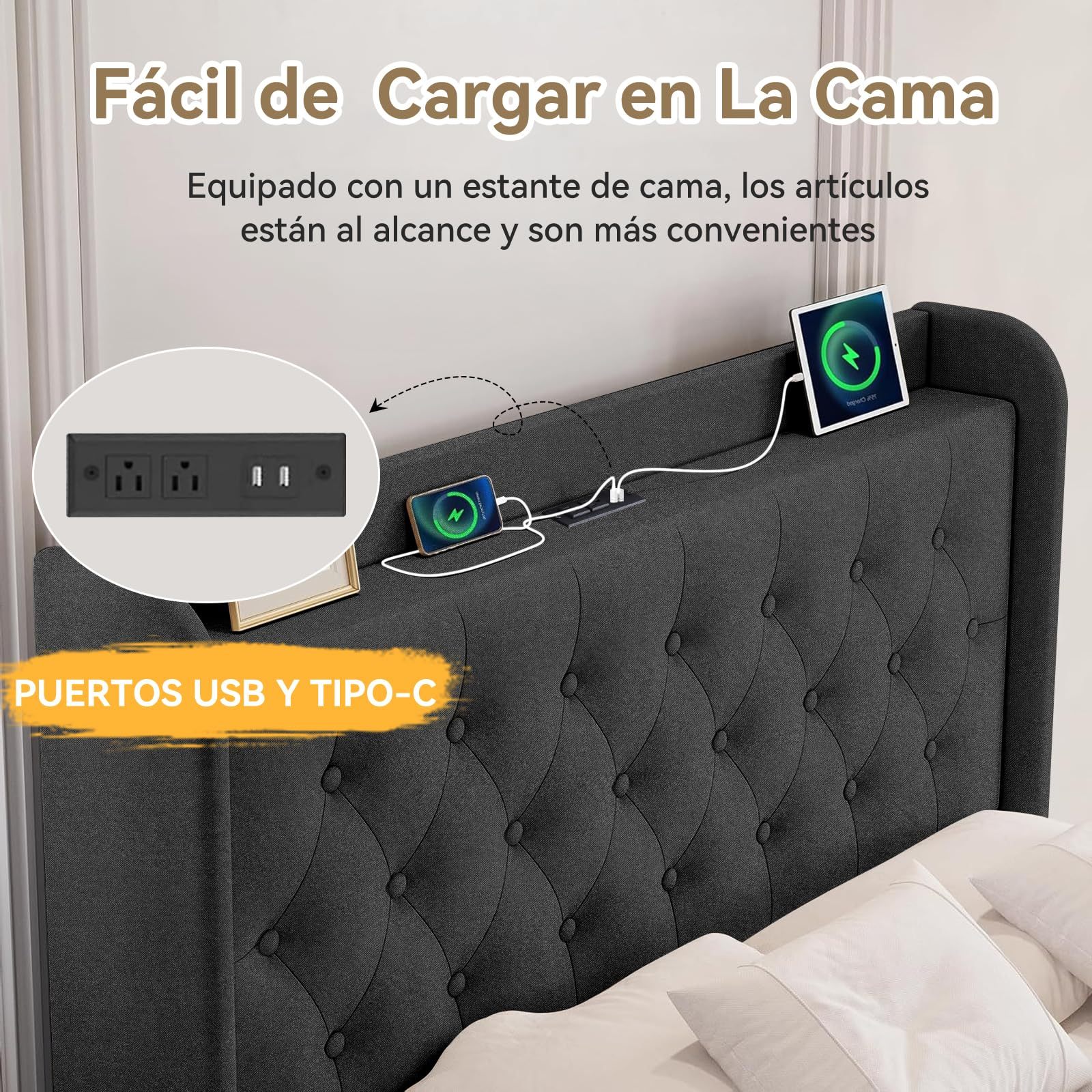 QYIKLPY Double Bed Base with Storage Headboard, Upholstered Bed Base with Charging Station (USB/Type-C), Thickened and Wear-Resistant Fabric, Adjustable Height, 0-35cm Mattress