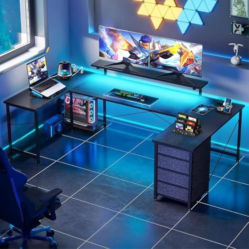 FURRIFIC 【Width 167cm】 Large Computer Desk with Power Strip and RGB LED Lights, Office and Gamer Desk in U/L, Gamer Table with Adjustable Monitor Stand, Black (167 x 100 x 75 cm)