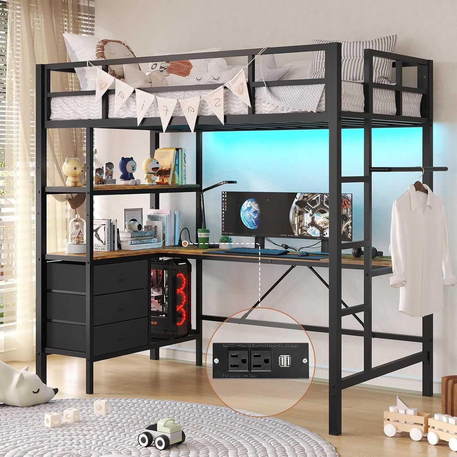 Single Loft Bunk Bed with L-Desk and USB Charging, Loft Bed with RGB LED Lights, 3 Shelves and 3 Fabric Drawers, Sturdy Metal Frame, Bunk Bed with Storage for Kids and Teens