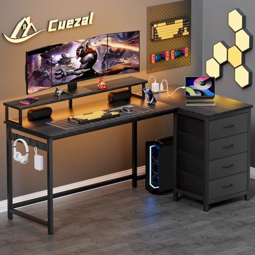 Double Bunk Bed with L-shaped Desk and USB Charging, Loft Bed with RGB LED Lights, 3 Shelves and 3 Fabric Drawers, Reinforced Metal Bunk Bed with Storage, Double Bunk Bed for Bedroom, White