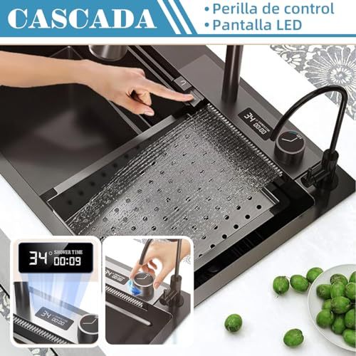 SAFONUS Kitchen Sink with Smart Digital Display, Double Waterfall and 10 Accessories, 304 Stainless Steel Kitchen Sinks, Black Kitchen Sink (80X46cm)