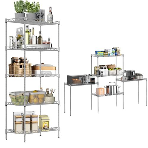 5 Tier Metal Storage Rack (90x35x150CM), Heavy Duty Organizer Shelf, Adjustable Organizer Rack, Shelf, 4 S-Hooks, 5 PP Board, Kitchen, Office, Pantry, Microwave