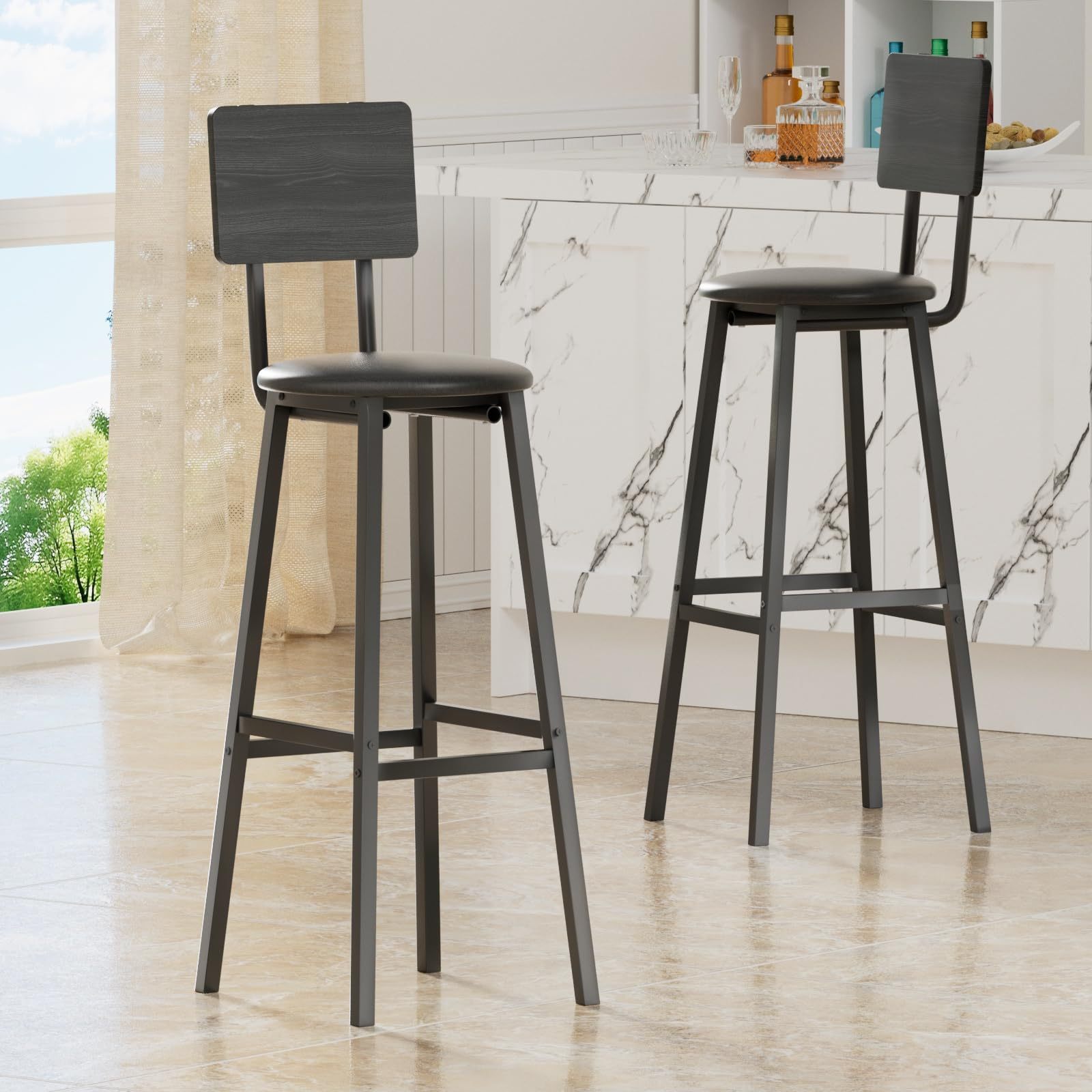 GARUISKY Adjustable Bar Chairs with Backrest and Padded Seat - High Metal Bench for Kitchen and Bar - Industrial Style