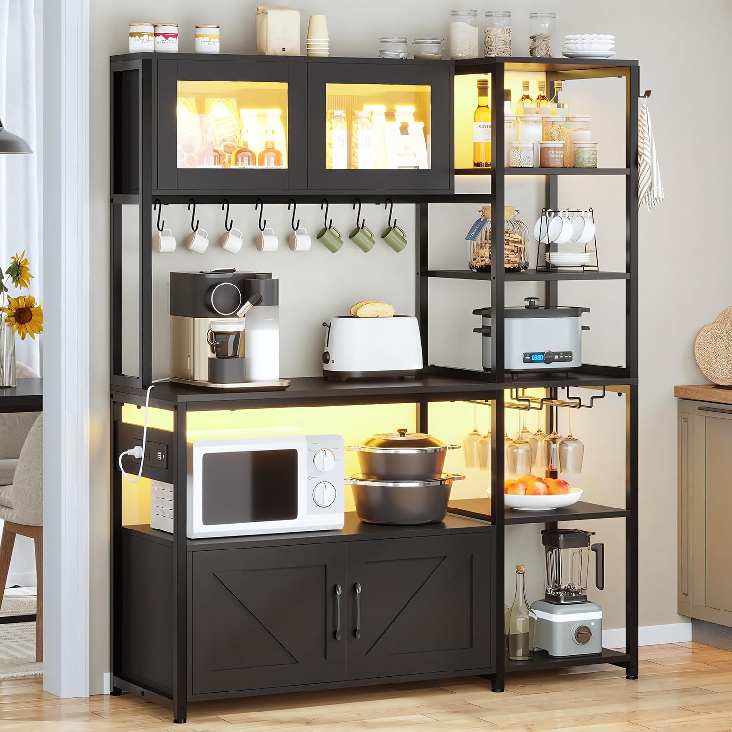 LOKOOY Kitchen Cabinets, Kitchen Shelf with Power Outlet and LED Light, Microwave Cabinet with Storage Space with 8 Hooks, Display Case, Cup Holder, 171×115cm Coffee Bar Furniture