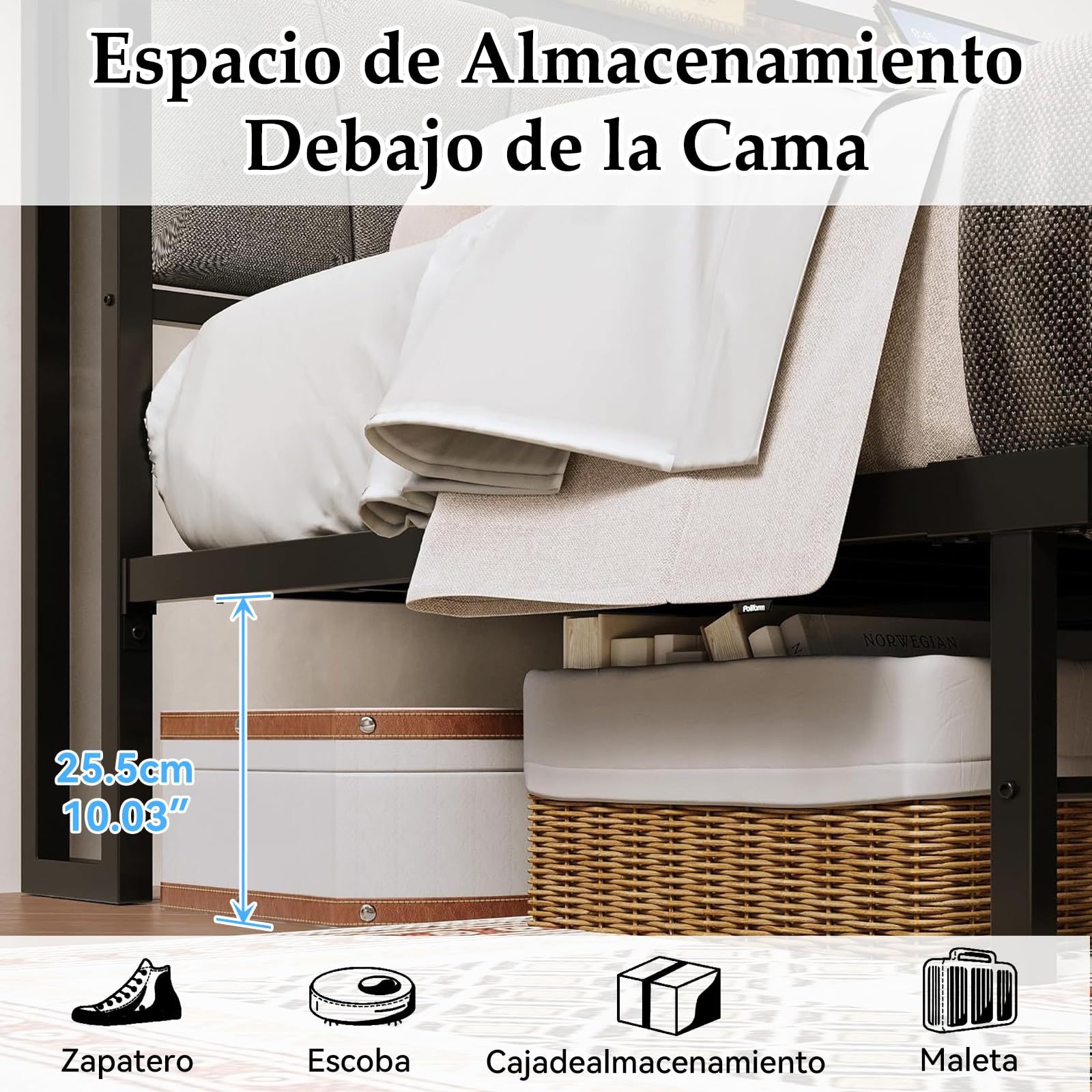 QYIKLPY Double Bed Base and Storage Headboard with Led Lights, 2 AC Outlets and 2 USB, with Two Removable Drawers and Headboard, Upholstered Platform, Non-Slip, No Noise (Double/Full)