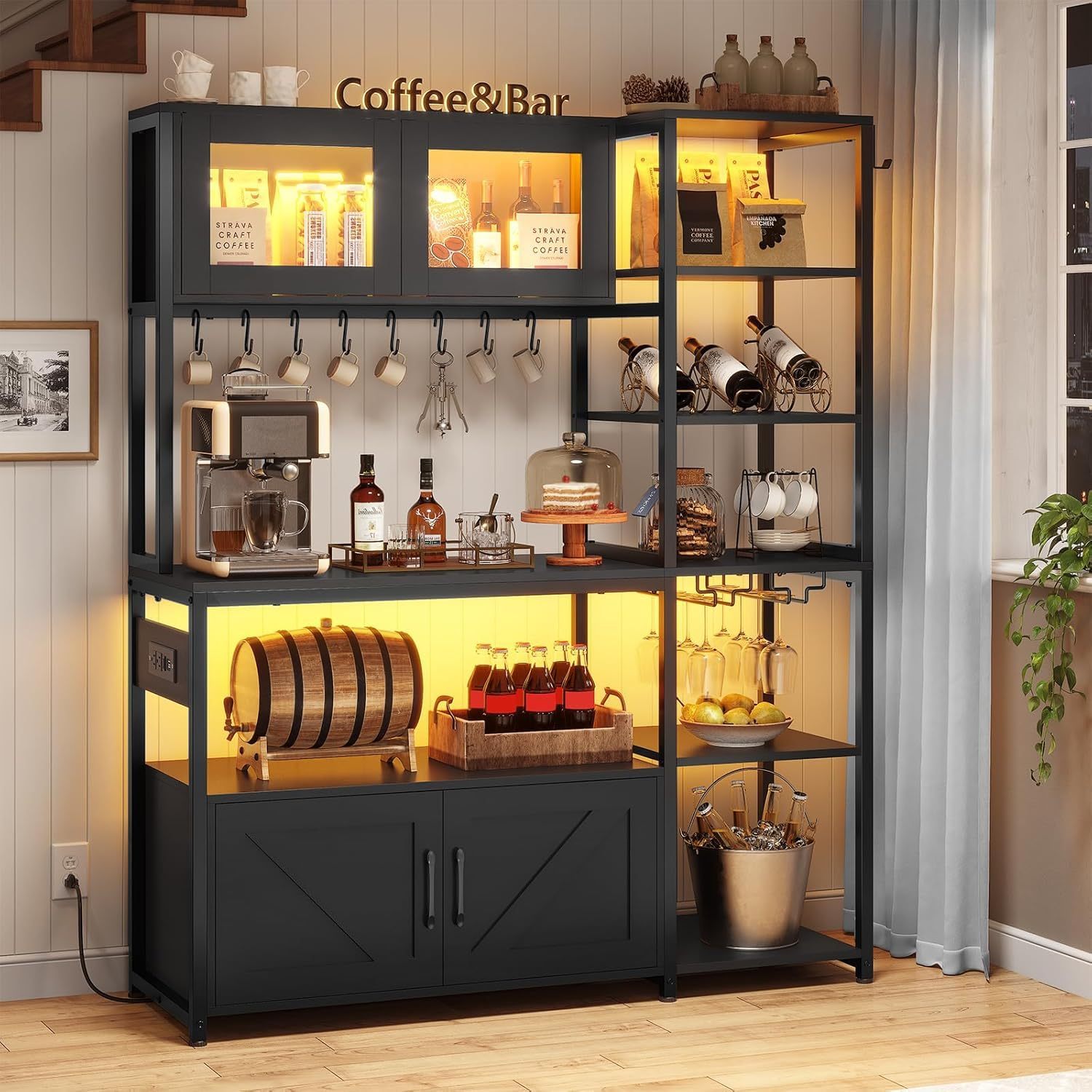 LOKOOY Kitchen Cabinets, Kitchen Shelf with Power Outlet and LED Light, Microwave Cabinet with Storage Space with 8 Hooks, Display Case, Cup Holder, 171×115cm Coffee Bar Furniture