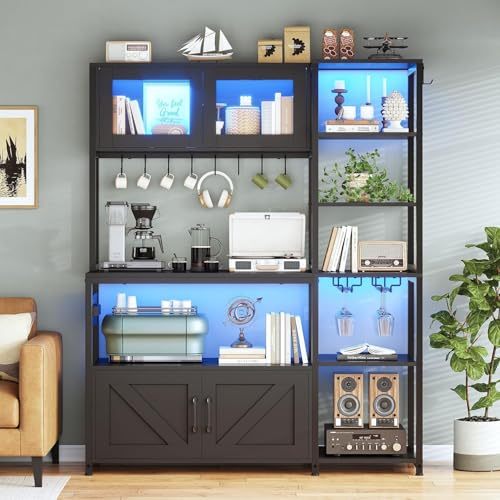 LOKOOY Kitchen Cabinets, Kitchen Shelf with Power Outlet and LED Light, Microwave Cabinet with Storage Space with 8 Hooks, Display Case, Cup Holder, 171×115cm Coffee Bar Furniture