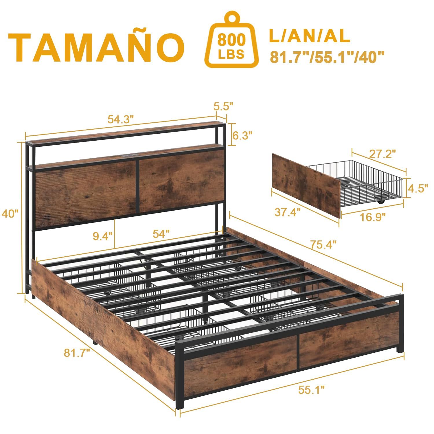 Bed Frame with 4 Drawers, Double Bed Base Headboard with Led Lights, Bed Base with Headboard USB Charging Station and Storage Space, Double Bed Bed Frame Easy Assembly
