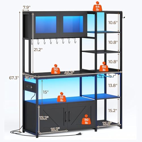LOKOOY Kitchen Cabinets, Kitchen Shelf with Power Outlet and LED Light, Microwave Cabinet with Storage Space with 8 Hooks, Display Case, Cup Holder, 171×115cm Coffee Bar Furniture