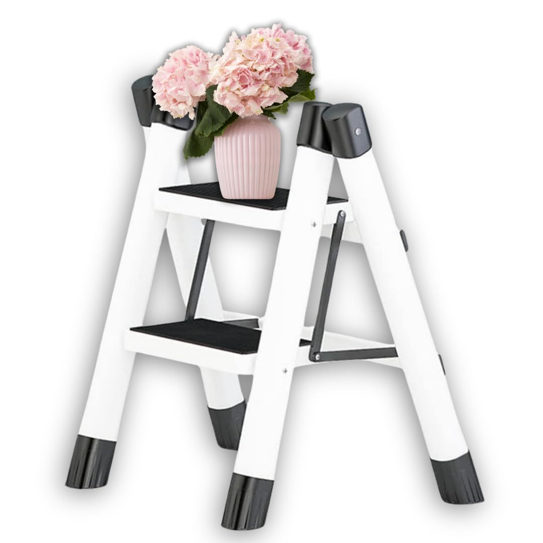 DASHLINE Folding 3-Step Step Ladder, with Non-Slip Stool and Tool Holder, 150 KG Capacity, Black, Ideal for House, Kitchen, Home and Office