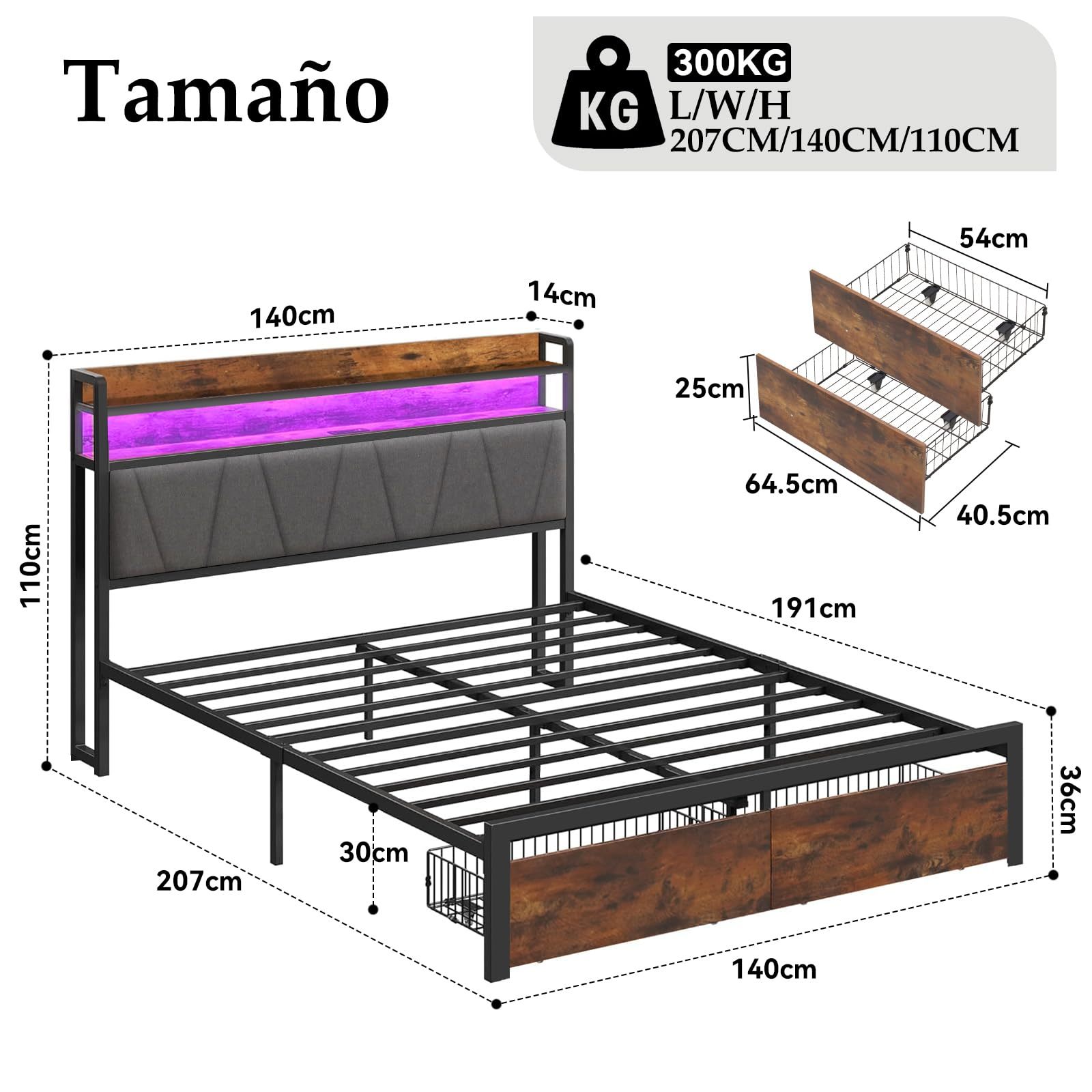 QYIKLPY Double Bed Base and Storage Headboard with Led Lights, 2 AC Outlets and 2 USB, with Two Removable Drawers and Headboard, Upholstered Platform, Non-Slip, No Noise (Double/Full)