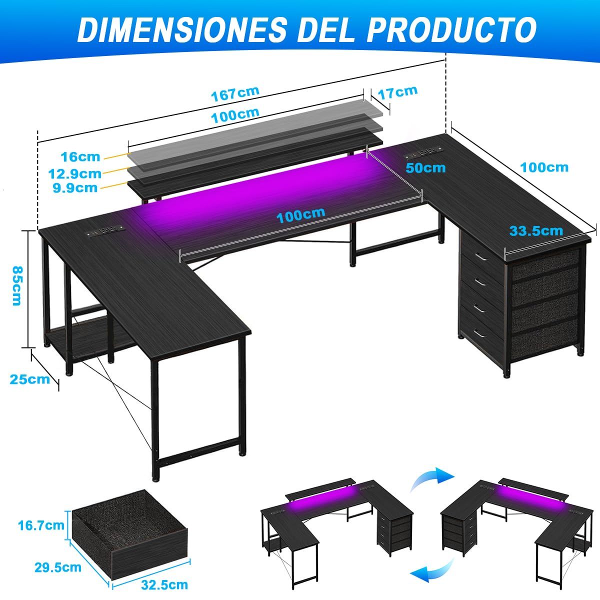 FURRIFIC 【Width 167cm】 Large Computer Desk with Power Strip and RGB LED Lights, Office and Gamer Desk in U/L, Gamer Table with Adjustable Monitor Stand, Black (167 x 100 x 75 cm)