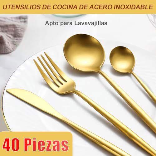 LINGLUCKY 40 Pieces 304 Stainless Steel Cutlery Set, Stainless Steel Set for 10, Includes Knives, Spoons, Kitchen Utensils, Ideal for Family Gatherings and Everyday Use(Gold)