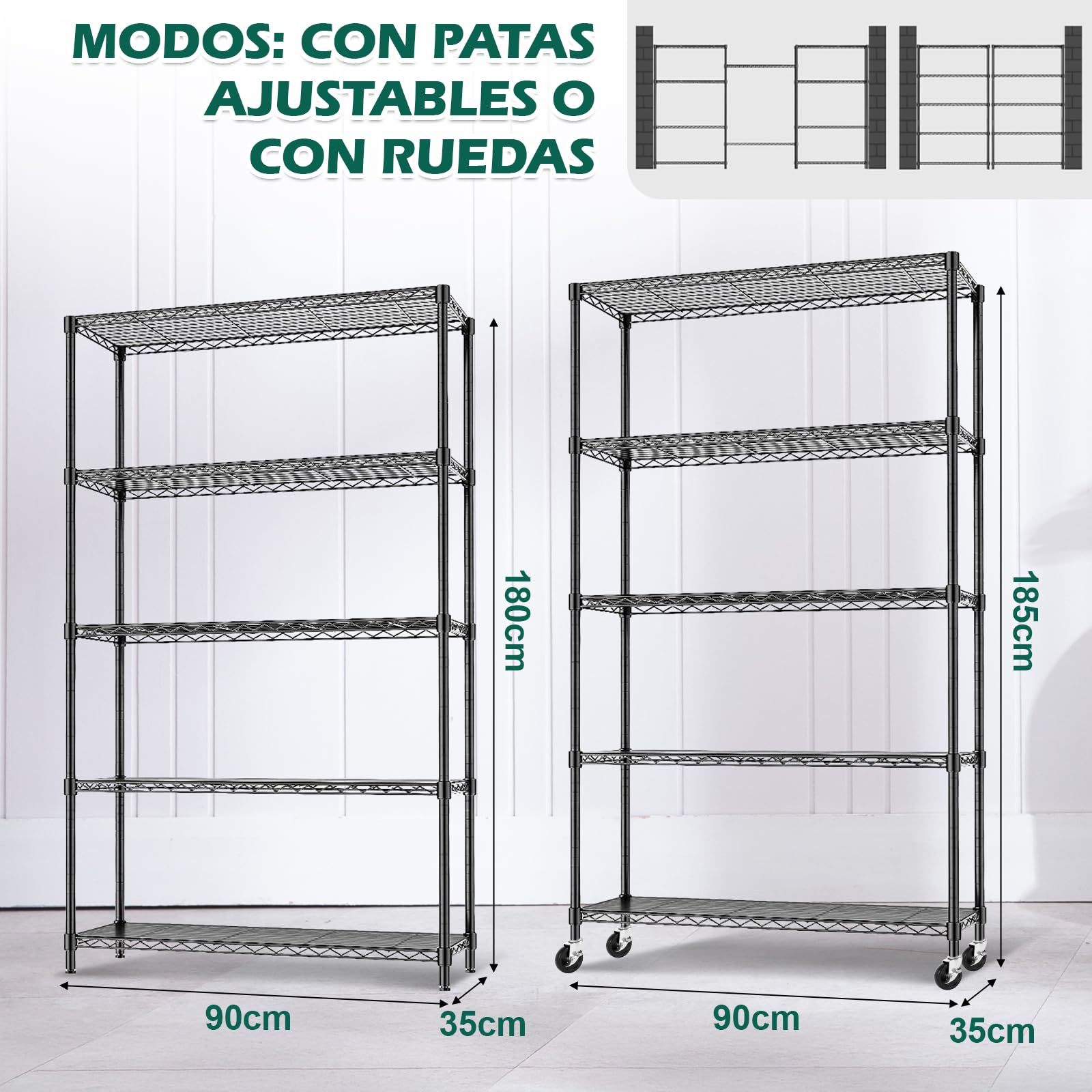 5 Tier Metal Storage Rack (90x35x150CM), Heavy Duty Organizer Shelf, Adjustable Organizer Rack, Shelf, 4 S-Hooks, 5 PP Board, Kitchen, Office, Pantry, Microwave