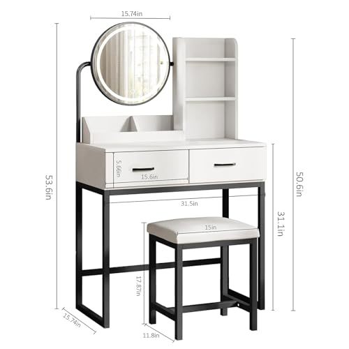 LINGLUCKY Makeup Dressing Table with LED Light Mirror, with Charging Station, Upholstered Stool, Large 2 Drawer Vanity Dressing Table, Minimalist Makeup Furniture, Modern and Luxury Dressing Table, White