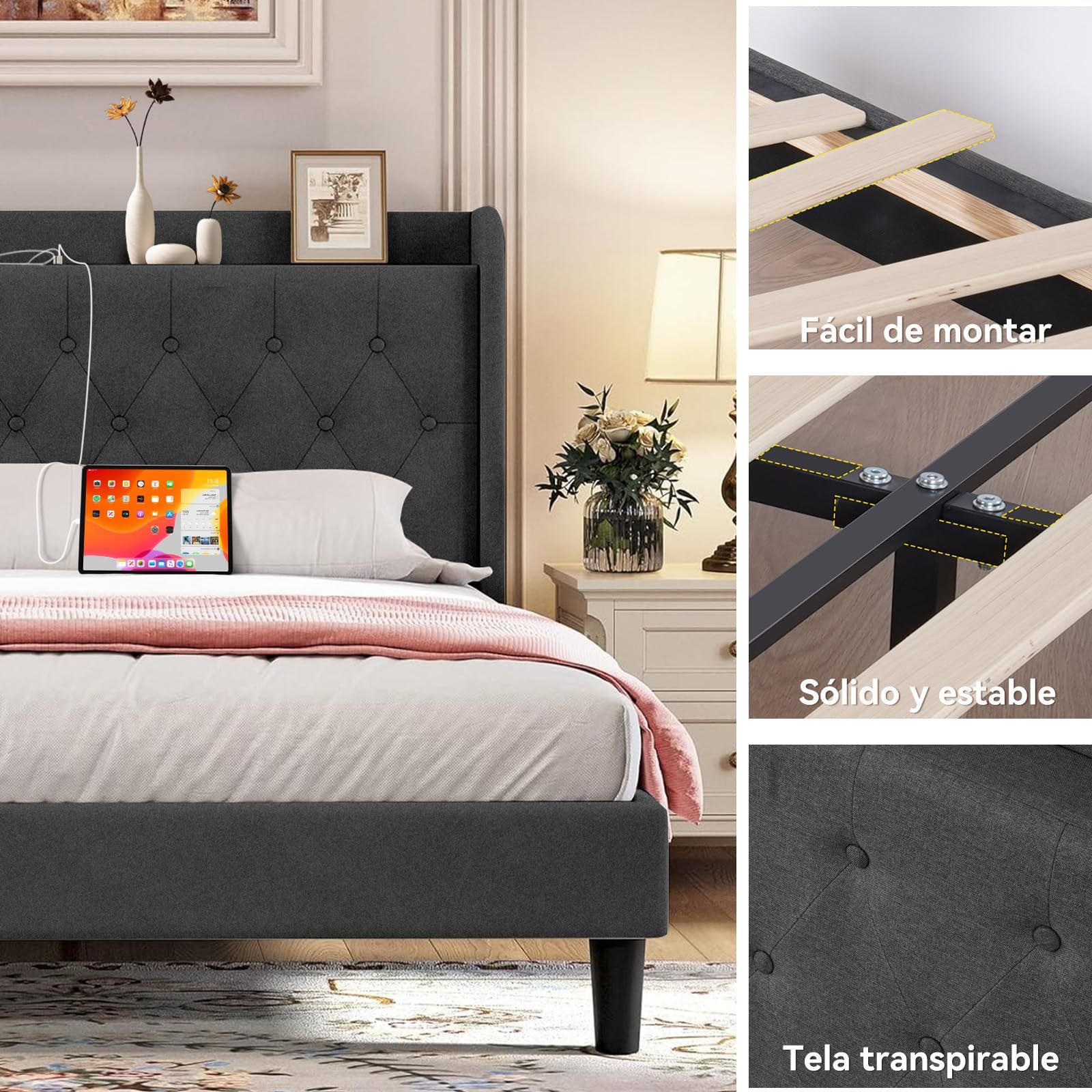 QYIKLPY Double Bed Base with Storage Headboard, Upholstered Bed Base with Charging Station (USB/Type-C), Thickened and Wear-Resistant Fabric, Adjustable Height, 0-35cm Mattress