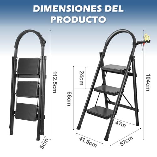 DASHLINE Folding 3-Step Step Ladder, with Non-Slip Stool and Tool Holder, 150 KG Capacity, Black, Ideal for House, Kitchen, Home and Office
