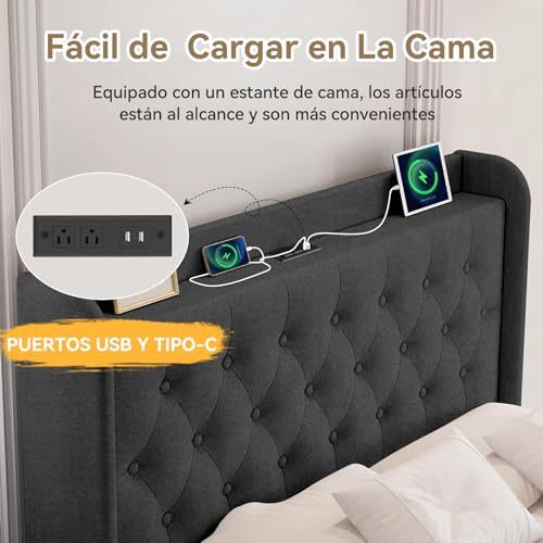 QYIKLPY Double Bed Base with Storage Headboard, Upholstered Bed Base with Charging Station (USB/Type-C), Thickened and Wear-Resistant Fabric, Adjustable Height, 0-35cm Mattress