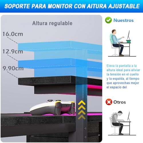FURRIFIC 【Width 167cm】 Large Computer Desk with Power Strip and RGB LED Lights, Office and Gamer Desk in U/L, Gamer Table with Adjustable Monitor Stand, Black (167 x 100 x 75 cm)