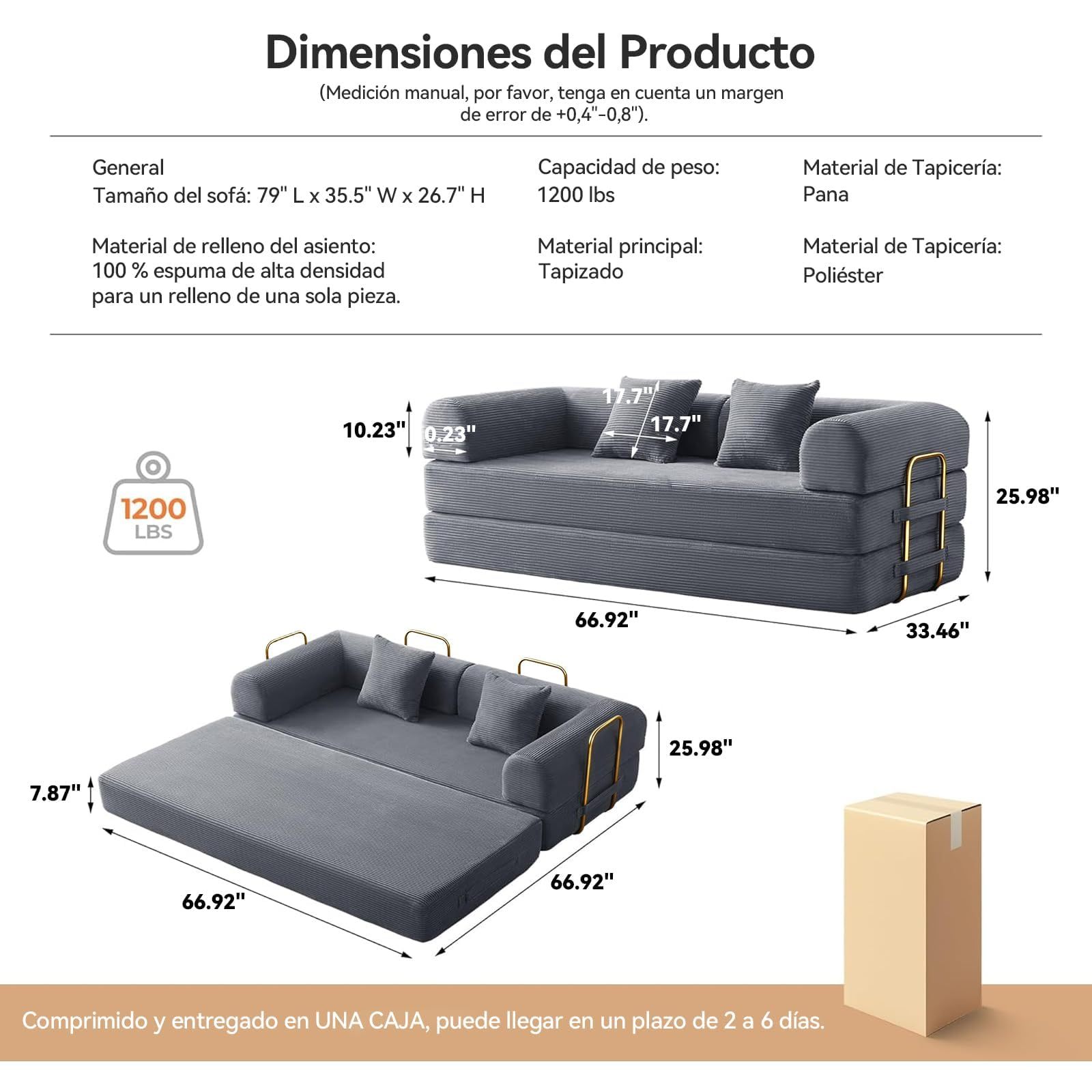 FURRIFIC 5-in-1 Convertible Sofa Bed, Corduroy Modular Sofa with Fixed Shape Frame and Removable Armrests, Folding Sofa for Small Spaces, No Assembly Needed (Dark Grey, 170 CM)