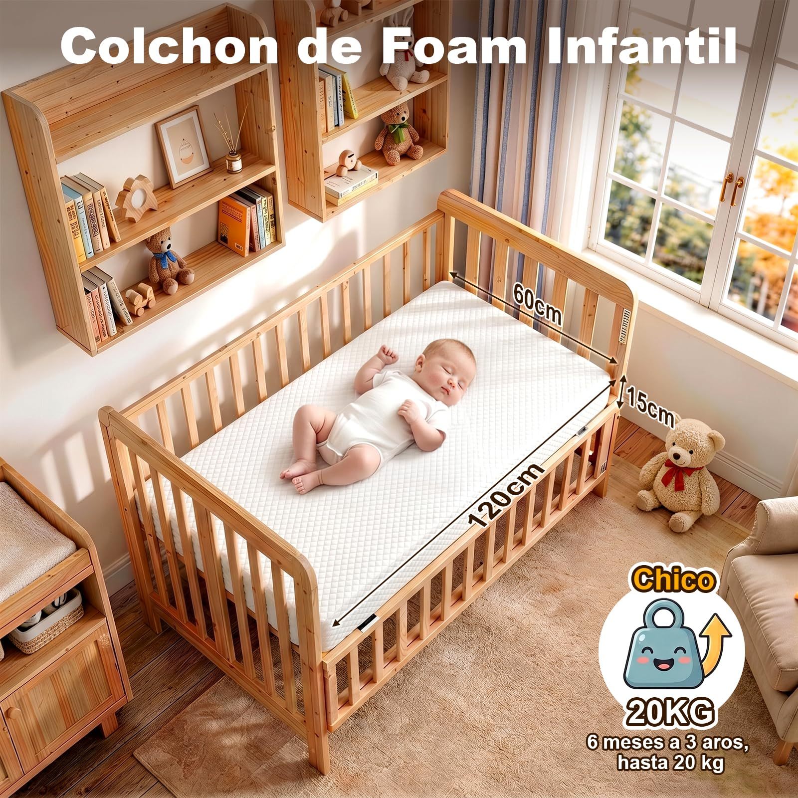 Baby Crib Mattress, 15cm High Density Sponge Foam Boxed Mattress, Medium Firmness, Waterproof and Breathable, Machine Washable Cover, 120 * 60CM