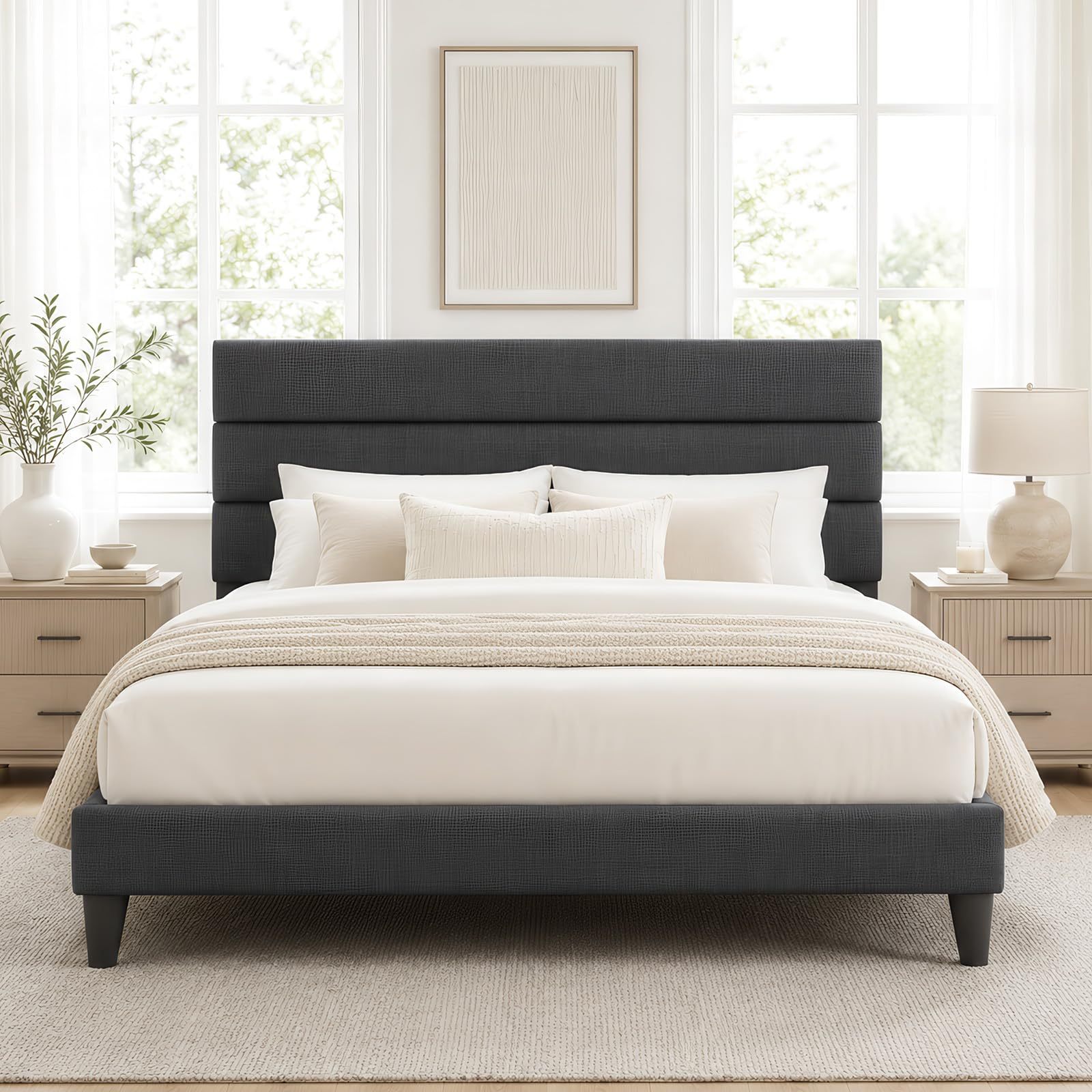 FURRIFIC Double Bed Base with Upholstered Headboard, High Density Metal and Natural Structure, Firm Support without Box Spring, Modern Bed with Resistant Slats, Beige