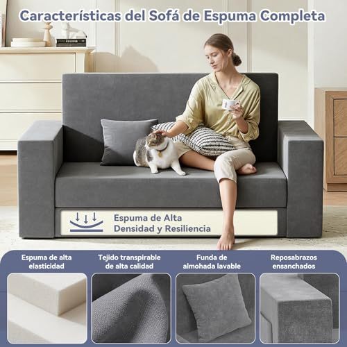 FURRIFIC Double Sofa Bed 2 in 1 with 2 Pillows, Armchair and Convertible, Single Sofa Bed, Machine Washable, No Assembly Needed Ergonomic Support and Softness Home, Living Room, Bedroom (Grey)