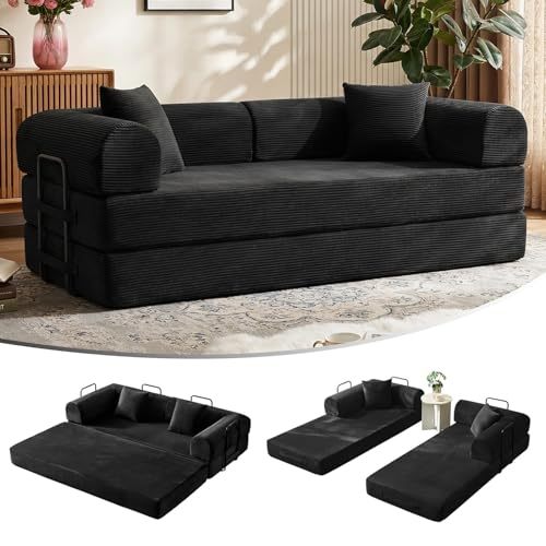FURRIFIC 5-in-1 Convertible Sofa Bed, Corduroy Modular Sofa with Fixed Shape Frame and Removable Armrests, Foldable Sofa for Small Spaces, No Assembly Required (Black, 200 CM)