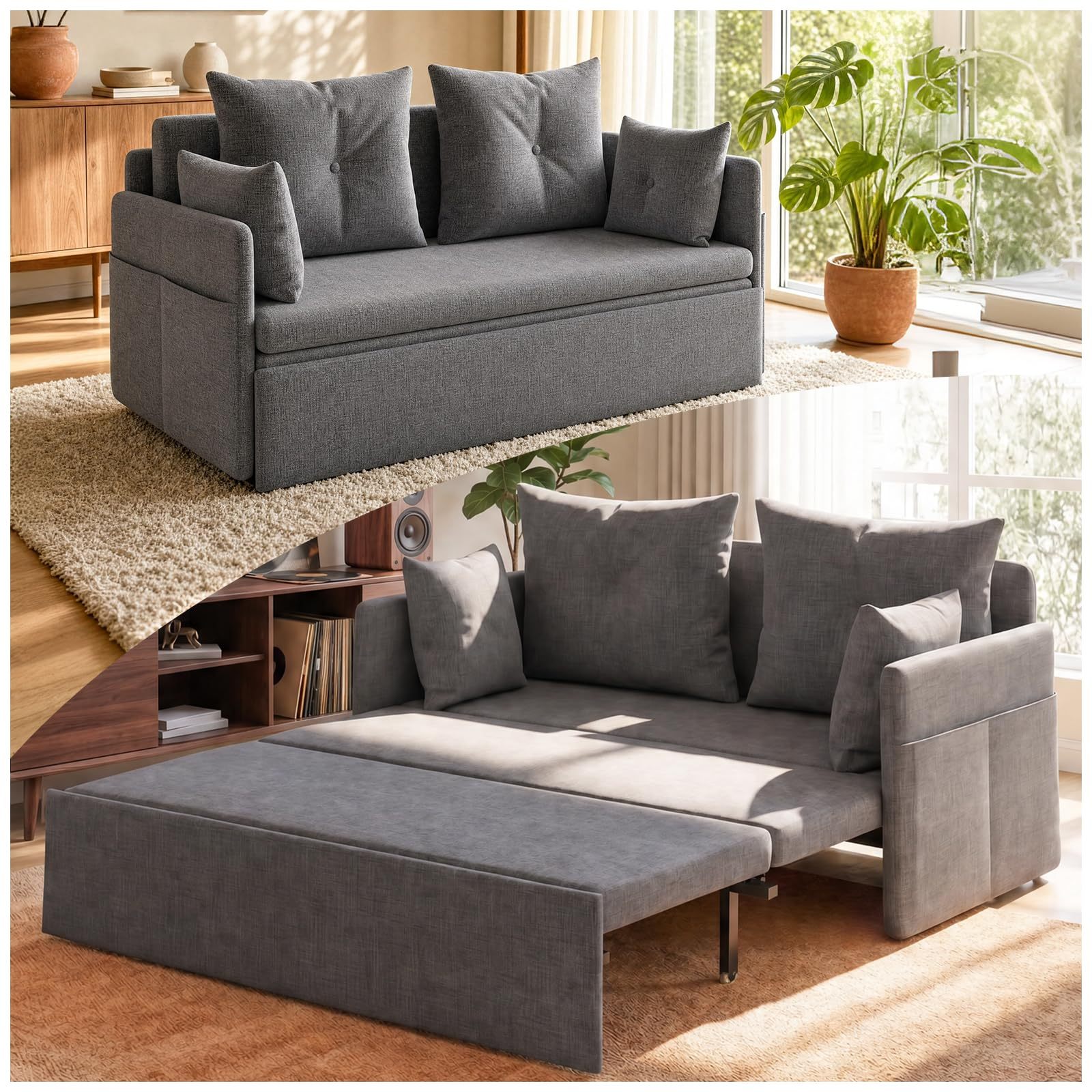 FURRIFIC Double Sofa Bed 2 in 1 with 2 Pillows, Armchair and Convertible, Single Sofa Bed, Machine Washable, No Assembly Needed Ergonomic Support and Softness Home, Living Room, Bedroom (Grey)