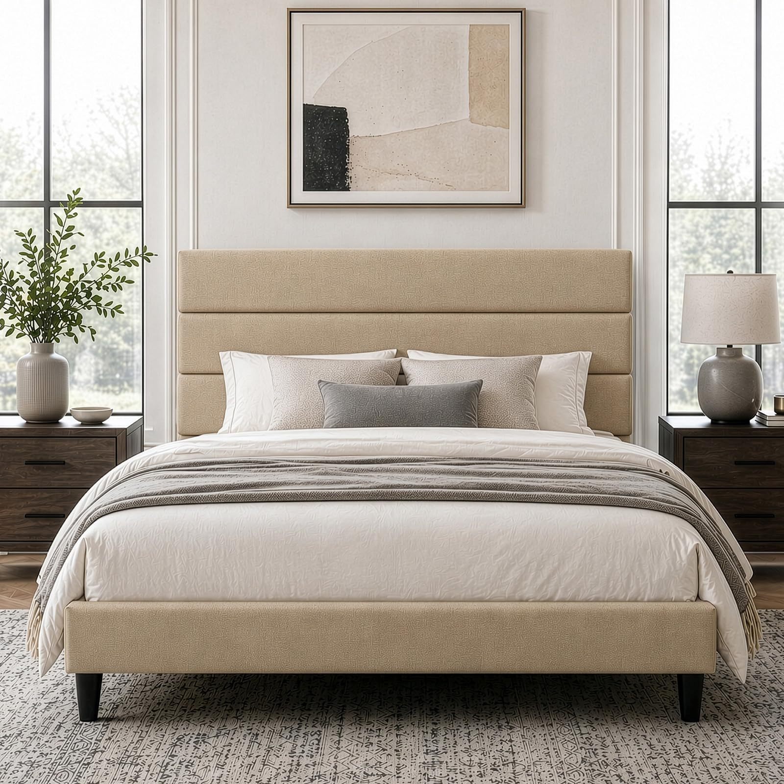 FURRIFIC King Size Bed Base with Dark Gray Upholstered Headboard, Platform King Size Bed Base with Reinforced Support, No Box Spring Required, Anti-Noise, Easy Assembly, Beige