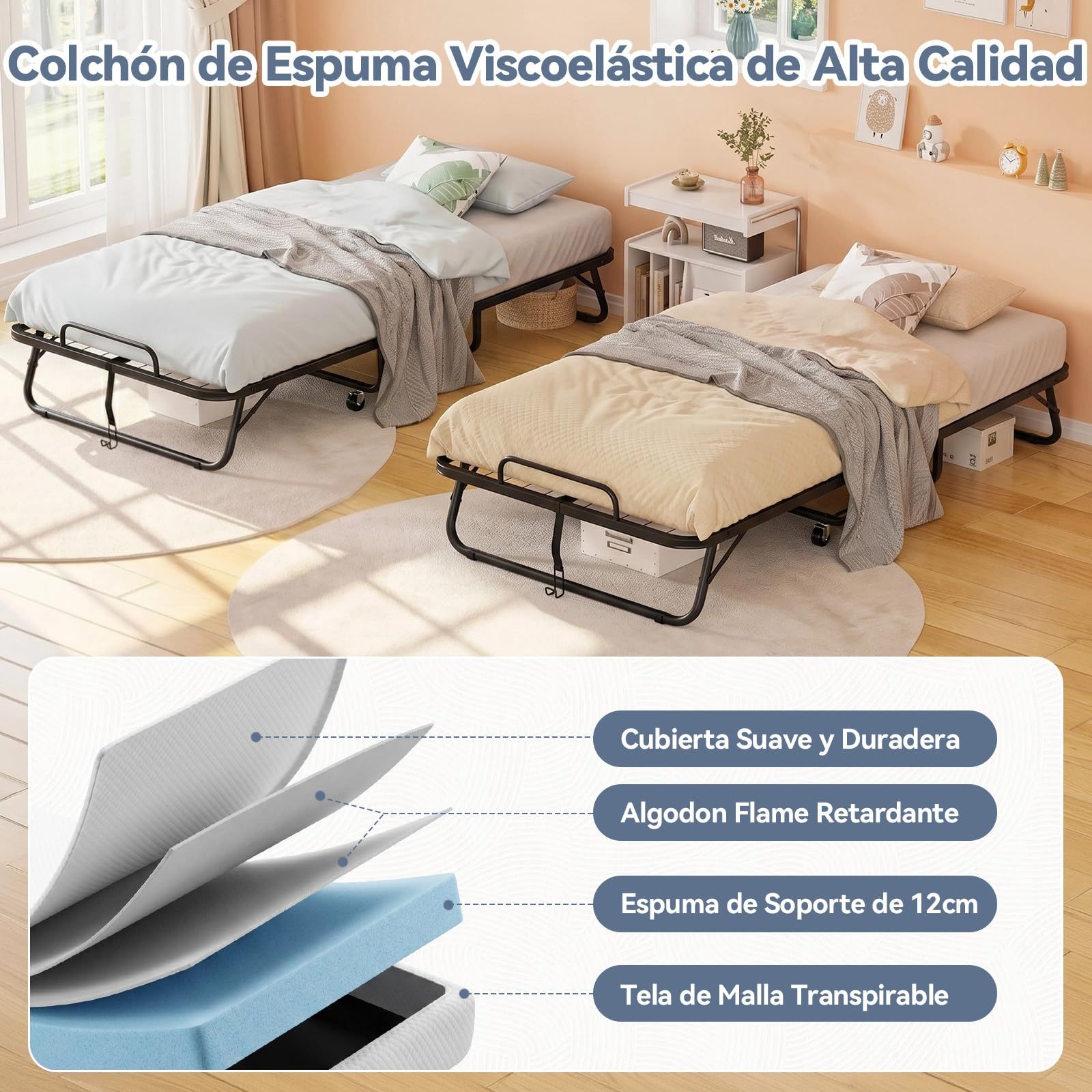 Single Folding Bed with Memory Foam Mattress, Sturdy Steel Frame, Portable Bed for Adults and Children, 360° Swivel Wheels, Saves Space, Ideal for Guest Room