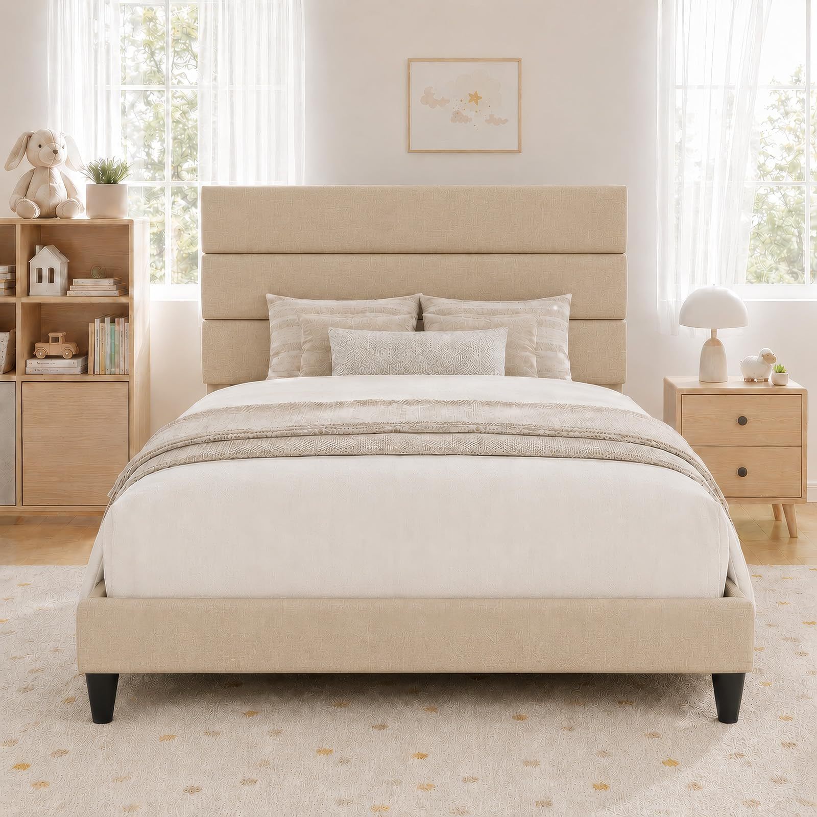 FURRIFIC King Size Bed Base with Dark Gray Upholstered Headboard, Platform King Size Bed Base with Reinforced Support, No Box Spring Required, Anti-Noise, Easy Assembly